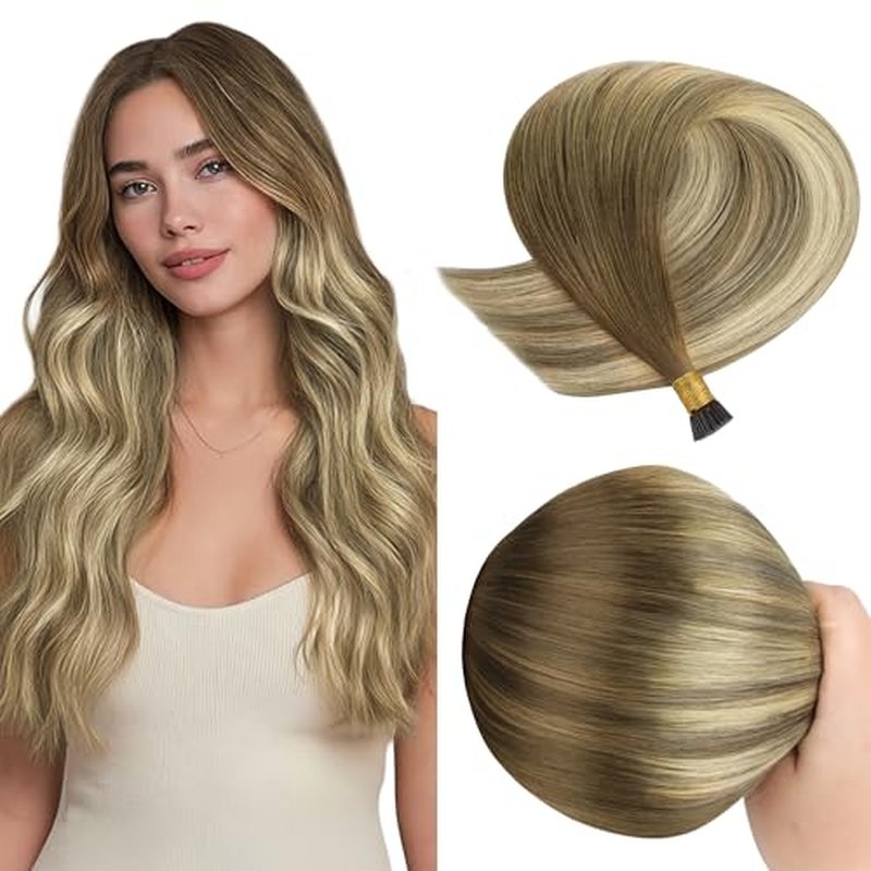 GOO GOO I Tip Hair Extensions Real Human Hair, 20inch 50g 50S, Cold Fusion I Tip, Invisible Remy Hair Extensions, 3/8/613 Balayage Walnut Brown to Ash Brown and Bleach Blonde