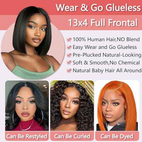 10 Inch Bob Wig Human Hair 13x4 HD Lace Front Wigs Pre Plucked Short Bob Wig Lace Frontal Wigs for Black Women, Short Straight Glueless Human Hair Wig with Elastic Band, 180% Density, Natural Black