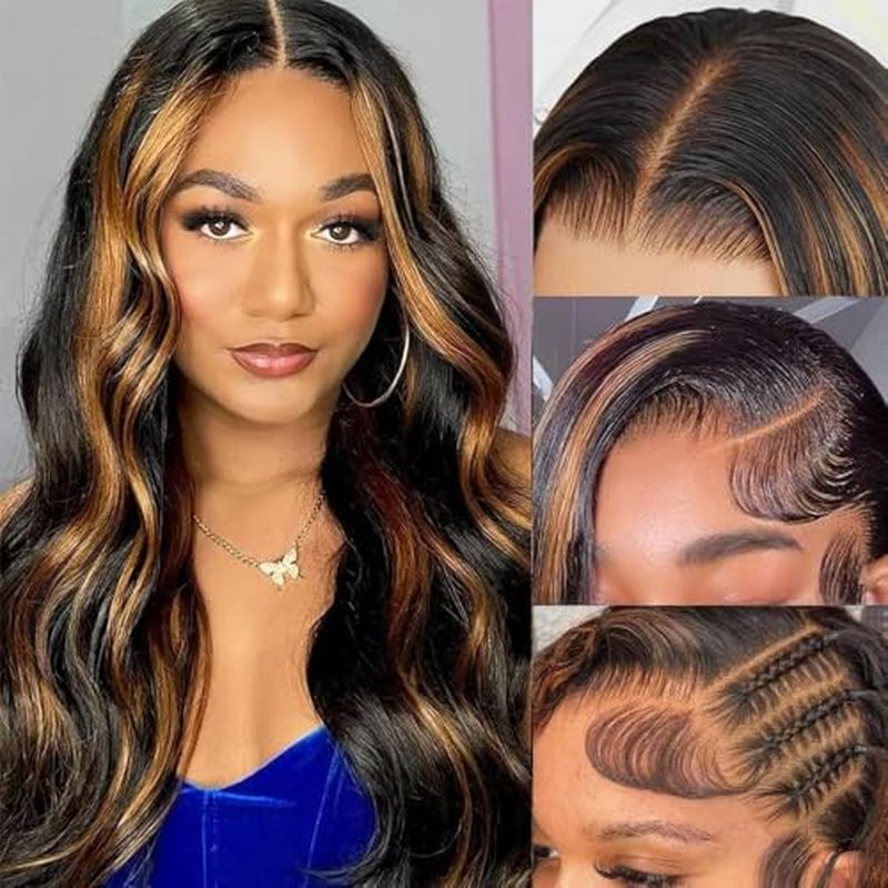 1B/30 Highlight Ombre Lace Front Wigs Human Hair 13x6 HD Glueless Body wave Lace Frontal Wigs 180% Density Brazilian Virgin Human Hair Wigs for Women Pre Plucked with Baby Hair (1B30, 24Inch)