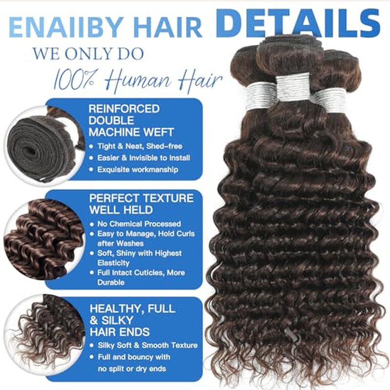 Chocolate Brown Bundles Human Hair 10 12 14 Inch Brazilian Color 4 Deep Wave Bundles Human Hair Unprocessed Breezy Wave Virgin Hair for Black Women with Silky Texture & Quick Weave