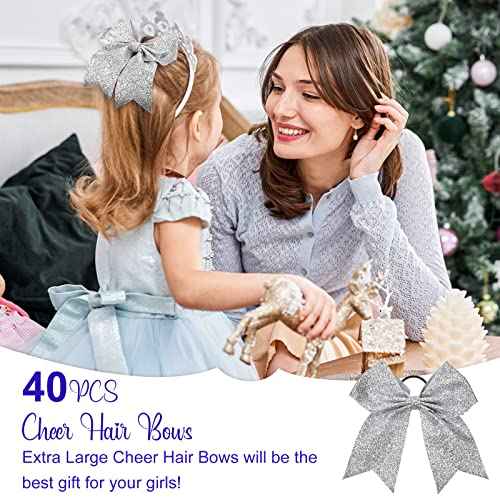 Yunsailing 40 Pcs 8 Inch Large Glitter Cheer Hair Bows Bulk, Shiny Cheerleading Bows Ponytail Holder for Cheerleader Girls Softball Sports and Christmas Tree Decor(Silver)