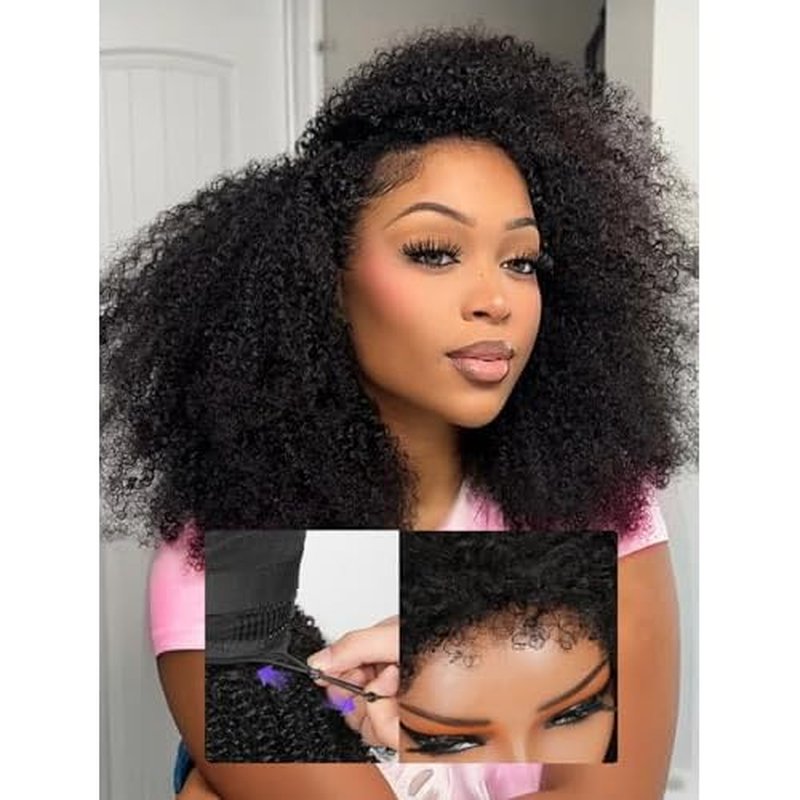 Kinky Curly Half Wig Human Hair Upgrade 4C Edge Hairline 200% Density Wear Go Glueless 3 In 1 Drawstring Seamless Flip Over Wig for Women Daily Wear Headband Wig Beginner Friendly (18 inch)