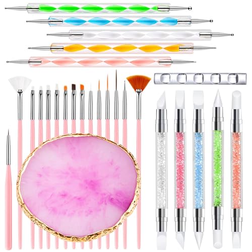 Nail Art Tools 27Pcs Set,Nail Art Brush,Resin Nail Art Palette,5 Pcs Nail Art Sculpture Pen,2-way Acrylic Silicone Engraving Pen Dotting Pen Tools Nail Art Kit for Nail Art DIY