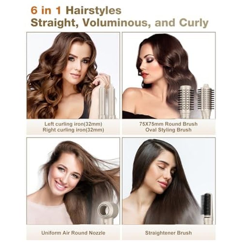 7MAGIC 6 in 1 Multi Hair Styler Dryer Brush, 110,000 RPM High-Speed, Negative Ionic, Fast Drying for Professional Blow Dry, Curling, Volumizing, Straightening and Styling, Gold