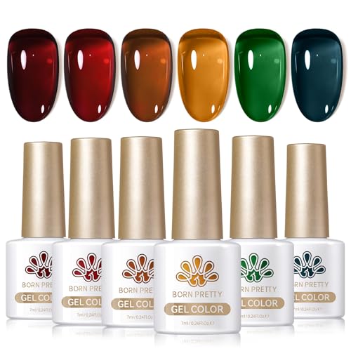 Born Pretty Jelly Gel Nail Polish,Christmas Fall Winter Transparent Gel Polish,Brown Blood Wine Red Orange Green Blue,Soak Off U v LED Light Cure Nail Art Kit for Salon and DIY at Home