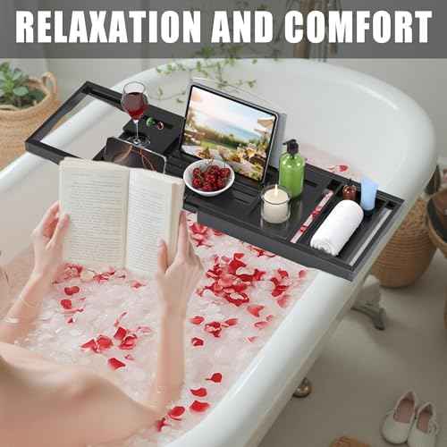 Foldable Bathtub Caddy Tray for Tub,Bamboo Expandable Bath Table Trays,Premium Bathroom Accessories for New Home & Mothers Day & Birthday Gifts for Couples,Black