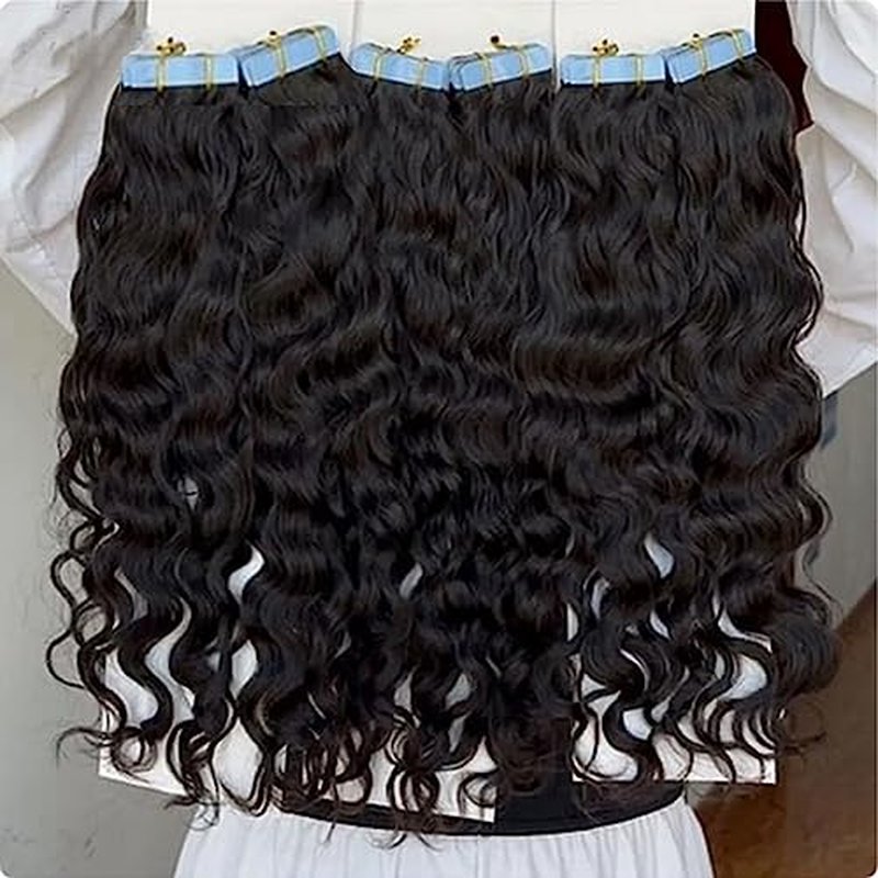 Tape in Hair Extensions Natural Wavy Real Human Hair 24inch Nautural Black Water Wave Brazilian Remy Human Hair Natural Color Tape on Human Hair Extensions 40pcs 100g #1B