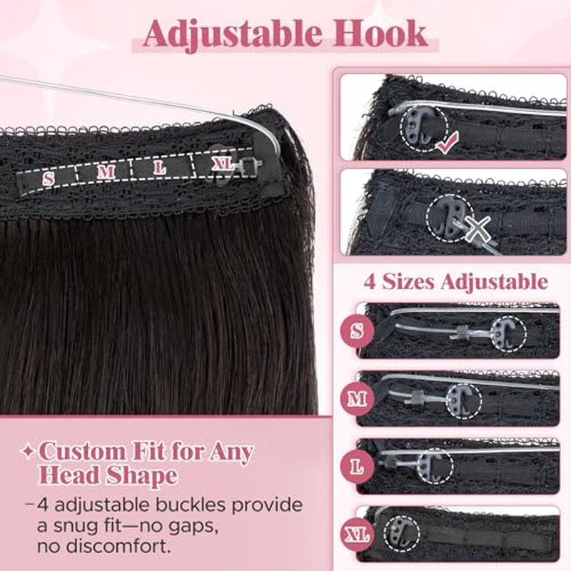 Halo Hair Extensions for Women Human Hair with Invisible Transparent Wire Adjustable Size 2 Secure Clips Long Wavy Secret Hairpiece 18 Inch 4RP27R Medium Brown Mixed Dark Blonde