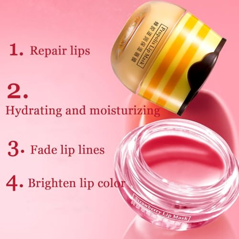 2 Pcs Lip Balm Honey Pot,Honey & Strawberry Lip Mask Propolis Moisturizing Lip Balm with Stick,Prevention Dry and Cracked Lip Scrubs,Exfoliator Lip Wrinkle Skin Care Products