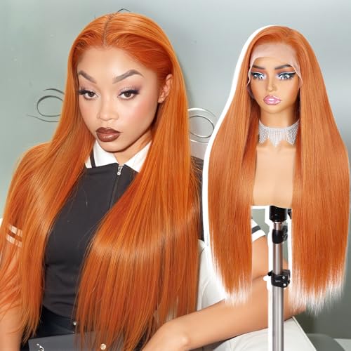 Quantum Love13x6 Lace Long Straight Orange Wigs Lace Front Synthetic Wig for Women 28Inch Wear and Go Glueless Orange Kanekalon Futura Hair Wig