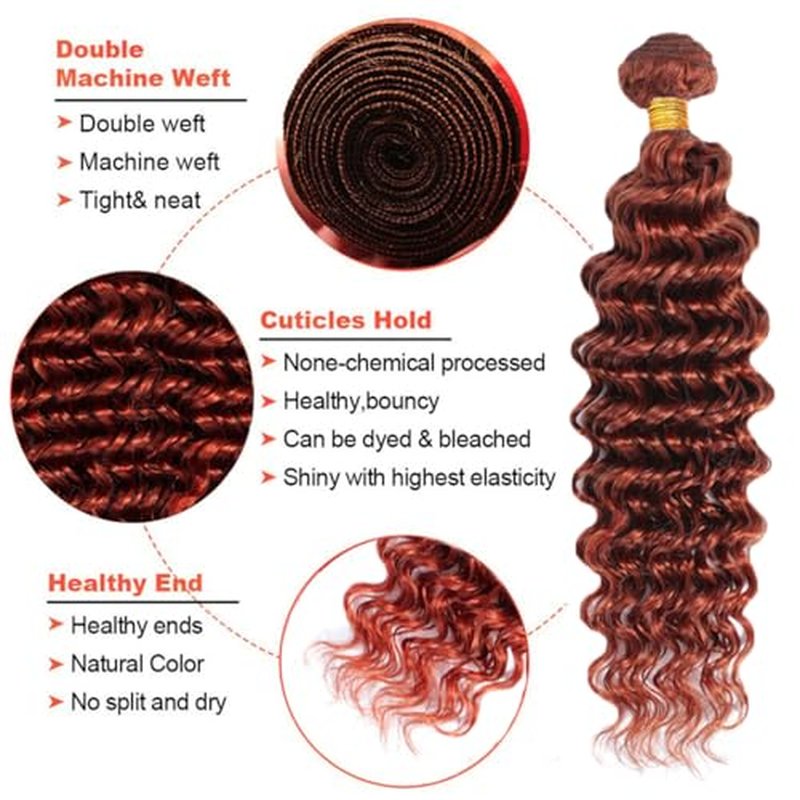 #33 Reddish Brown Bundles Human Hair Deep Wave 3 Bundles 14 16 18 Inch Unprocessed Brazilian Virgin Remy Copper Red Deep Wave Bundle Human Hair Extensions For Black Women