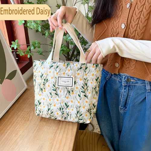 2PCS Small Tote Bag for Women Mini Canvas Embroidered Daisy Book Tote Bag Cute Corduroy Aesthetic Floral Reusable Bags for Grocery, Essentials, Water Bottle, Keys, Book, Bible