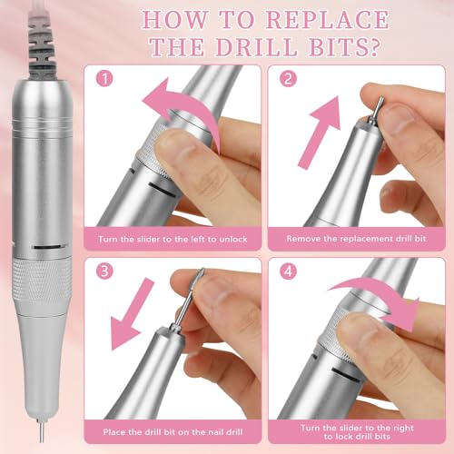 Electric Nail File Professional Kit - 45000RPM Portable Nail Drill Electric File with 11 Bits & Base?LED Screen?Ultra-Silent, Rechargeable Nail Drills Machine for Acrylic Nails Gel Polishing (Pink)