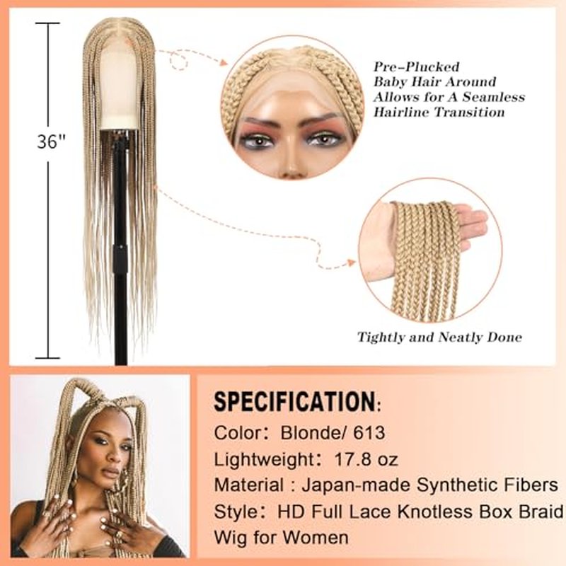 360¡Æ HD Full Lace Knotless Braided Wigs for Women Box Braid Wig with Baby Hair Braided Lace Front Wigs Premium Synthetic Braids Wig Long Blonde 36"