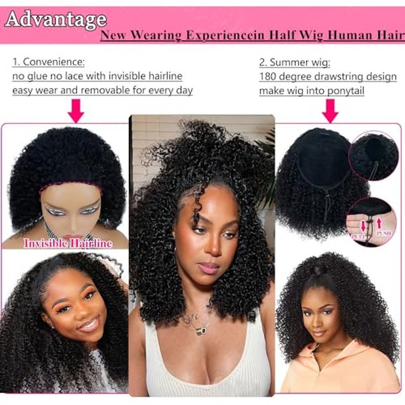 Kinky Curly Half Wig Human Hair 200 Density 3 In 1 Headband Wig Seamless Flip Over Wear and Go Glueless Wigs Human Hair Beginner Friendly Kinky Curly Wig Human Hair Drawstring Wig for Women 20 inch