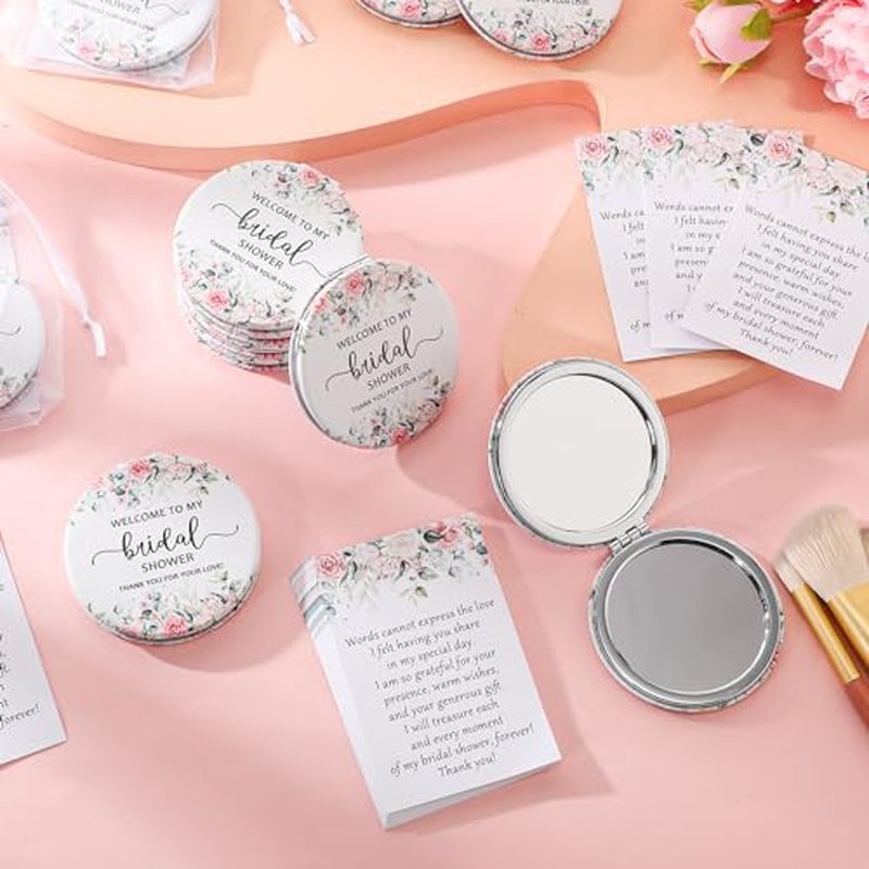 XunYee 24 Sets Bridal Shower Favors for Guests Flower Design Makeup Mirrors Leather Compact Mirrors Bridal Thank You Cards with Organza Bags Bridesmaid Gifts Wedding Party Favors Supplies