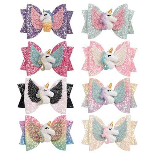 8pcs Unicorn Hair Bows, 3 Inch Glitter Grosgrain Ribbon Bows with Alligator Clips for Toddlers