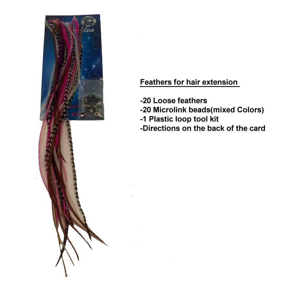 Feather Hair Extensions, 100% Real Rooster Feathers, Long Pink, Purple, Grizzly Colors, 20 Feathers with 20 Silicone Microlinks and loop tool
