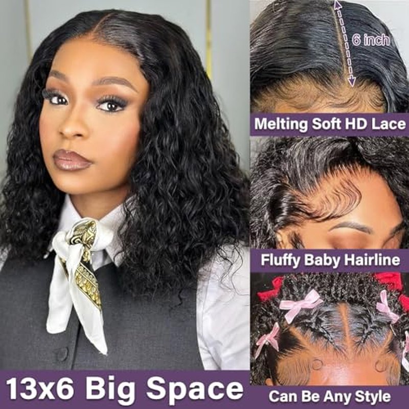 Curly Human Hair Wig 13x6 HD Lace Water Wave Frontal Wigs Human Hair Pre Plucked Wear And Go Deep Wave Frontal Glueless Wig for Black Women 180 Density Curly Wig Natural Black 18 Inch