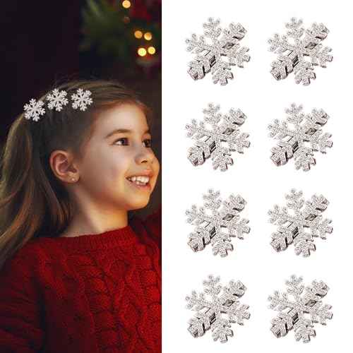 8 Pcs Snowflake Hair Clips Shinny Rhinestone Snowflake Hairpins 1.2 Inch Xmas Hair Barrettes Winter Hair Accessories Alligator Clips for Women Girls Christmas Party Supplies