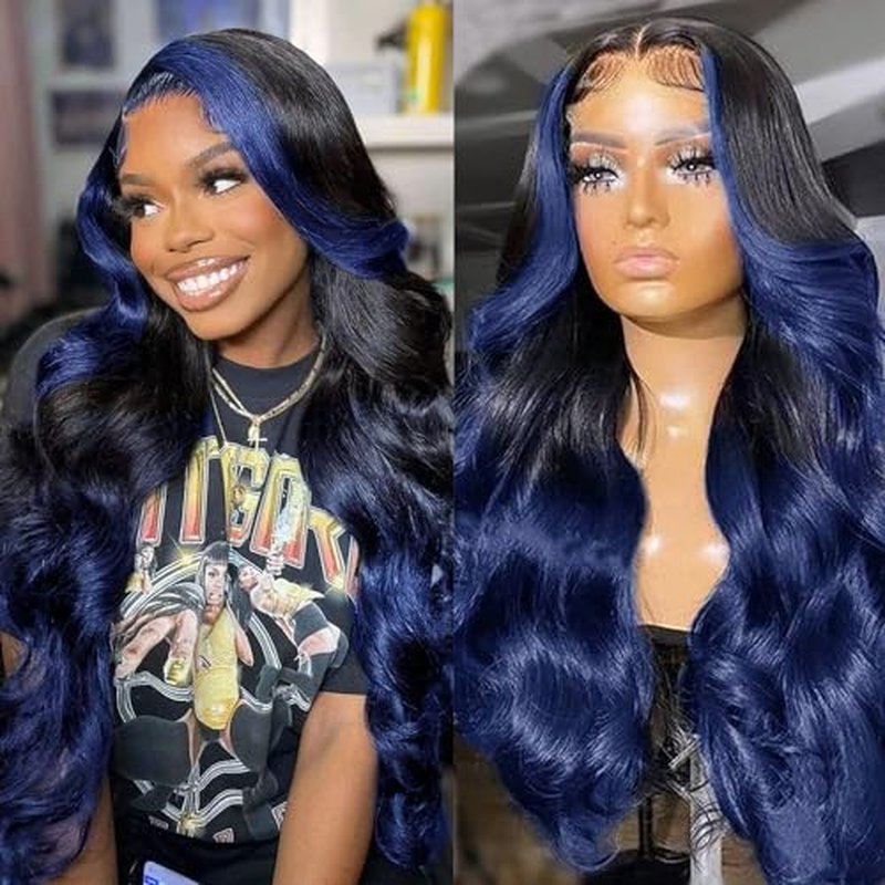Royal Blue Lace Front Wigs Human Hair Highlight Skunk Stripe 13x4 HD Lace Frontal Wig Body Wave Pre Plucked With Baby Hair 150% Density Ombre Dark Blue Virgin Human Hair Wigs Glueless 20 Inch