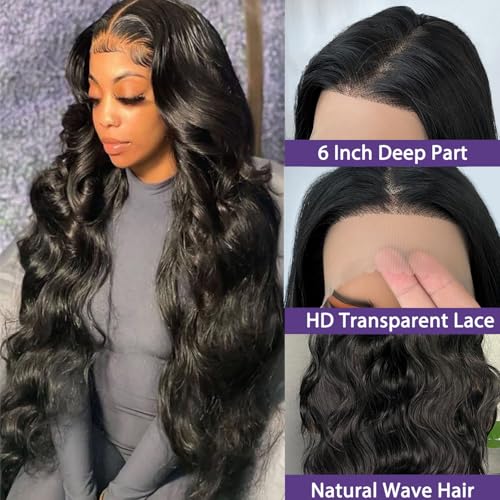 SOKU 13x6 Lace Front Wigs Synthetic 28 Inch Body Wave Wigs with Baby Hair Free Part Lace Frontal Wigs Pre Plucked Natural Black Wave Lace Front Wigs for Women Girls High Temperature Fiber