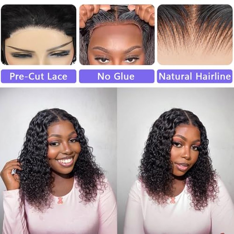 Glueless Wigs Human Hair Pre Plucked Pre Cut Deep Wave Bob Wig for Black Women 5x5 Lace Closure Wear and Go 180% Density Curly Wig with Baby Hair Natural Color 16 Inch