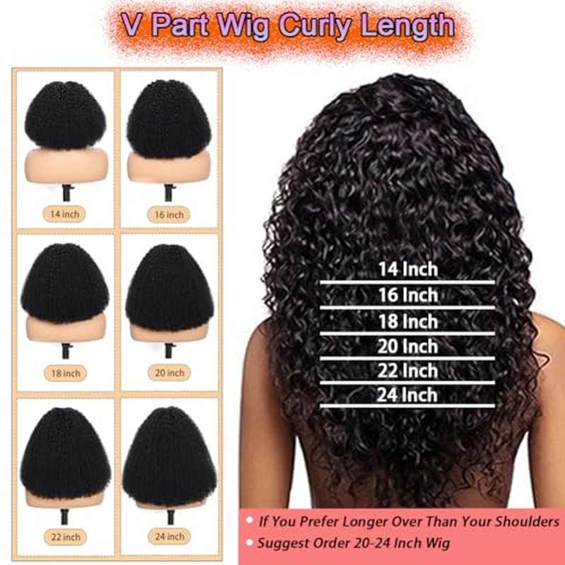 V Part Wig Human Hair Kinky Curly Natural Black 18 Inch | Curly Human Hair Wig Upgrade U Part Human Hair Wigs for Black Women Glueless Wig Wear and Go 180 Density