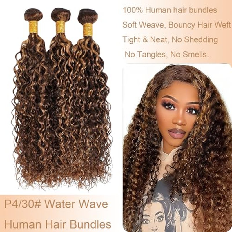 Highlight Brown Bundles P4/30 Water Wave Bundles Human Hair Bundles 20 22 24 Inch Unprocessed Brazilian Virgin Humen Water Wave Hair 3 Bundles Quick Weave Extensions For Black Women