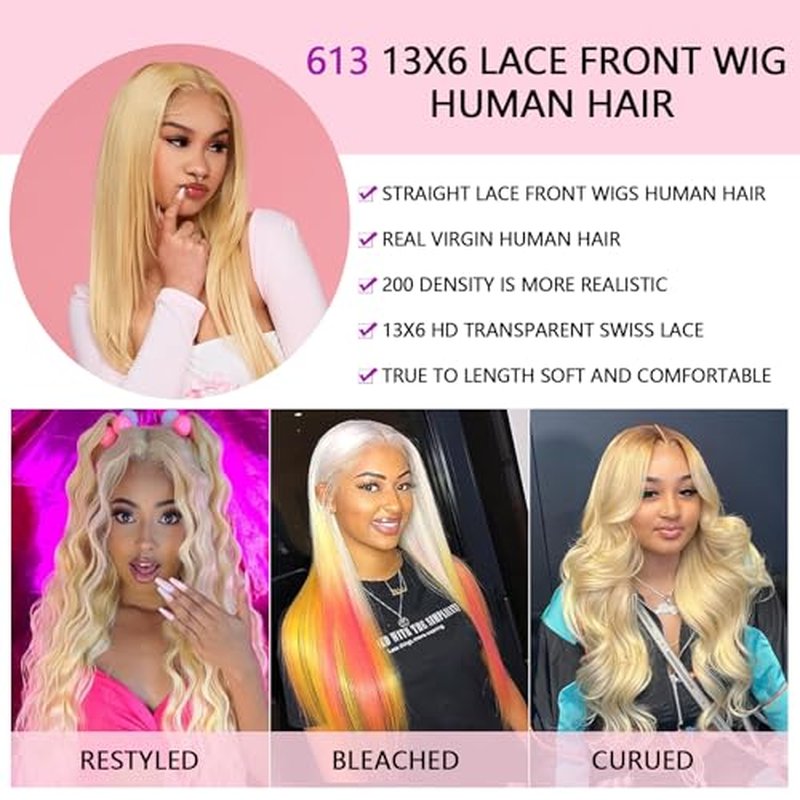 613 13x6 Lace Front Wig Human Hair 24 Inch Straight Blonde Wig Human Hair 13x6 200 Density HD Lace Front Wigs Human Hair Pre Plucked with Invisilbe Hairline Tiny Knots Tangle Free Shedding Free