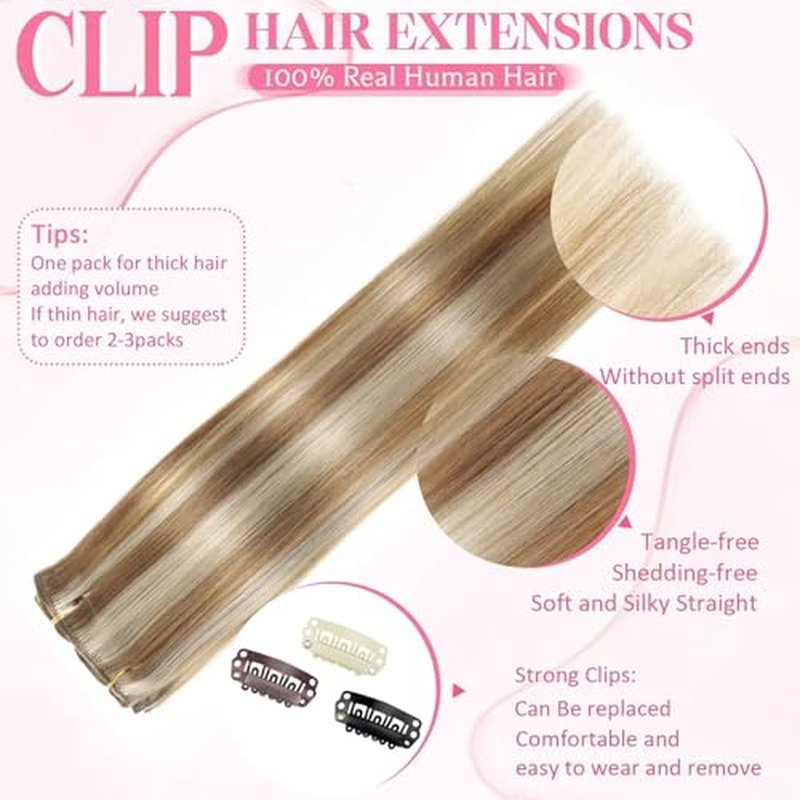 Clip in Hair Extensions Real Human Hair, Seamless Clip ins Real Human Hair for Women, Remy Human Hair Clip in Extensions, Double Weft 8pcs 20 inch Light Blonde Highlighted Golden Blonde