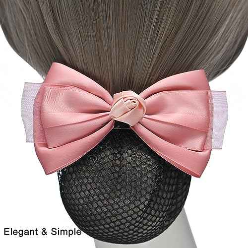 2pcs Hair Snood Net Barrettes with Bowknot Hair Clips with Thin Mesh Bun Cover for Women Ladies (Pink+Black)