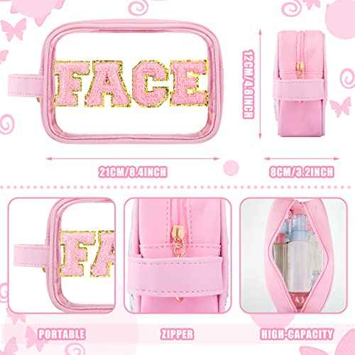 Sotiff 3 Pcs Preppy Patch Makeup Bag Cosmetic Bag Travel Toiletry Bag for Women Chenille Letters Patch Bag with Handle Waterproof Portable Preppy Purse Zipper Pouch for Girls (Colorful,PU)