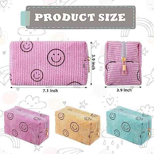 Photect 3 Pcs Corduroy Cosmetic Bag Smile Face Aesthetic Preppy Pencil Pouch Purse Travel Beauty Makeup Bags for School Christmas Women Holiday Organizer Gifts(Classic,Pink, Yellow, Green)