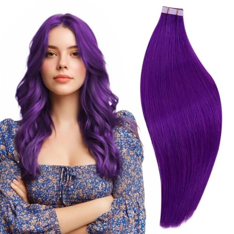 RUNATURE Purple Hair Extensions Real Human Hair, Tape in Hair Extensions, Easy to Apply, 22 Inch Seamless Tape in Colored Hair for Kids Highlight Party, Straight Remy Hair, 50g 20 pcs