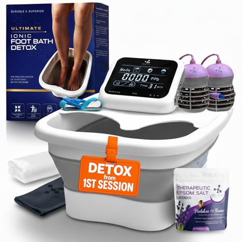 Vital Vibes Ultimate Ionic Foot Bath Detox Machine - Foot Detox Machine for Spa Bath with Touch Display - Epsom Salt & Towel - Collapsible Soaking tub -2 Powerful Array- Ion Wristband-Tub Liners