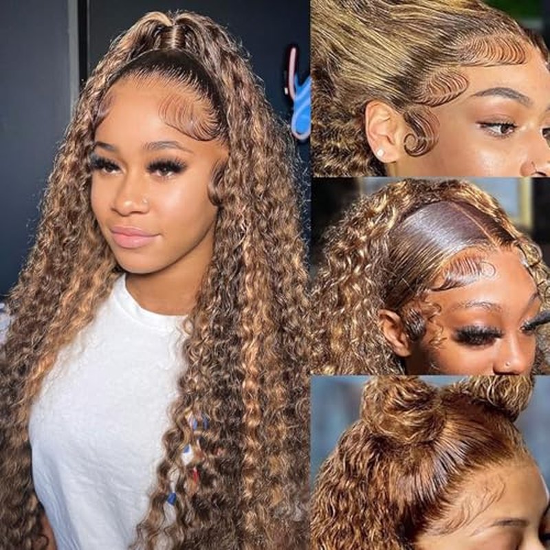 Aimking Honey Blonde Human Hair Wig Ombre Highlight 4/27 Deep Wave Lace Front Wigs Human Hair Curly Wig 180% Density Lace Frontal Wigs (26 Inch)