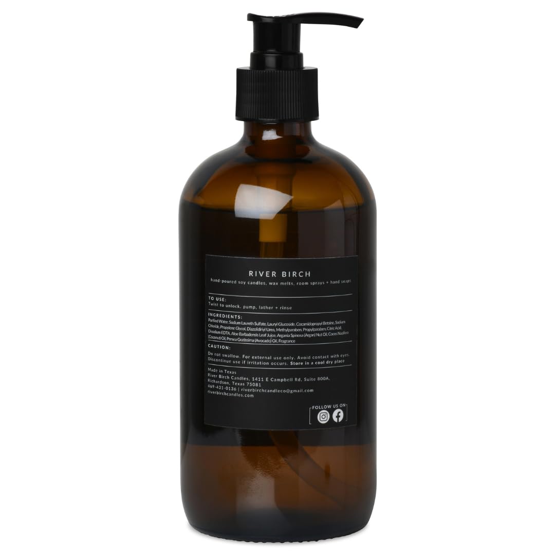 River Birch Tobacco Sandalwood Scented Natural Hand Soap - Handmade Soap - Moisturizing Hand Wash with Amber Glass Dispenser - Luxury Scented Hydrating Hand Soap - Vegan and Non-Toxic - 16 Fl Oz