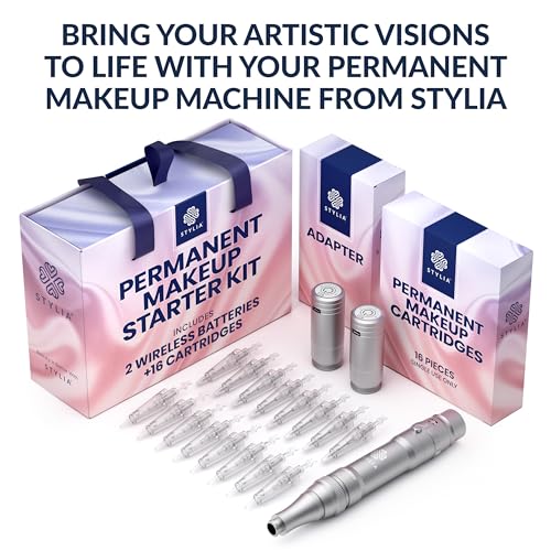 Stylia Permanent Makeup Machine Set ? Wireless Machine Kit with 2 Rechargeable Lithium Batteries, Power Adaptor and 16 PMU Cartridges ? Microblading Pen, Low-Noise, High-Speed Motor (SILVER)