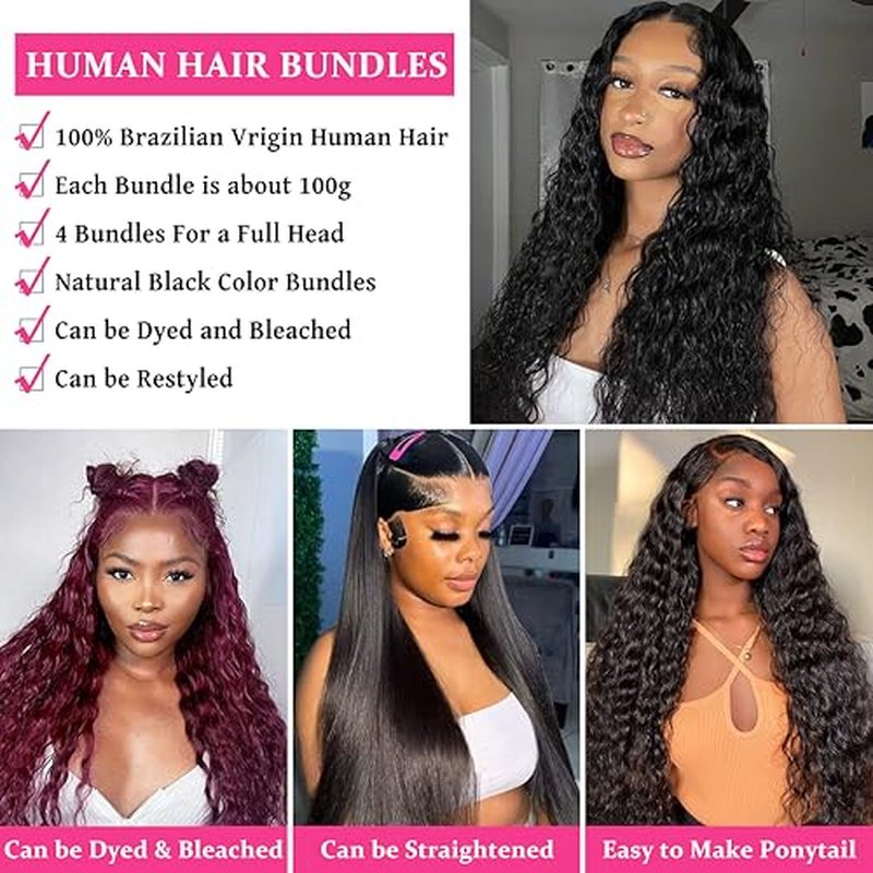 Deep Wave Human Hair Bundles 14 16 18 20 Inch 100% Unprocessed Deep Curly Bundles Human Hair Water Wave Bundles for Women Wet and Wavy Curly Hair Double Weft Remy Hair Extensions