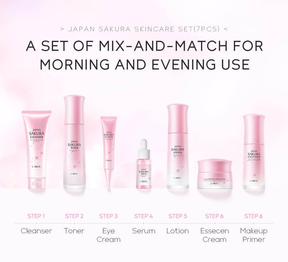 Sakura Skin Care Set - Japanese Beauty Gift Kit with Cleanser, Toner, Serum & More | 7-Piece Travel Set for Women