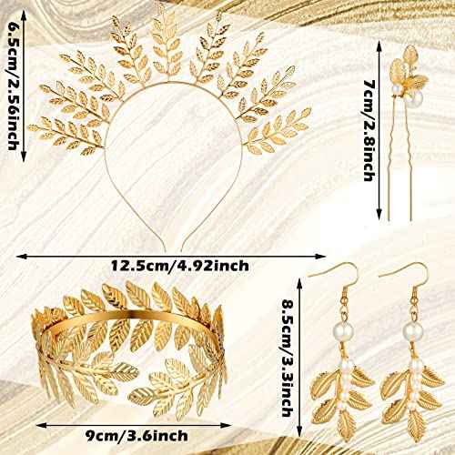 WILLBOND 15 Pieces Greek Goddess Costume Accessories Women Toga Golden Leaves Bridal Crown Headband Bracelet Pearl Earrings and Hair Pins