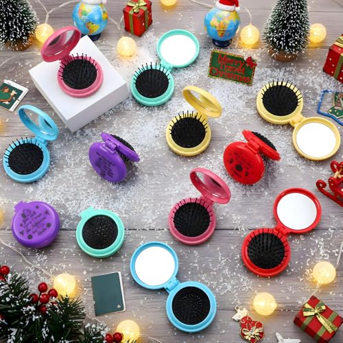 Thyle 12 Pcs Christmas Team Appreciation Gifts for Employee Inspirational Folding Travel Hairbrush with Mirror Bulk Handheld Mirror Hair Brush Thank You Gift for Xmas Women Coworker Staff Nurse