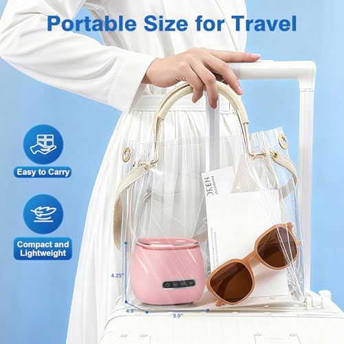 Rechargeable Ultrasonic Retainer Cleaner Machine, 45kHz Portable Dental Cleaning Pod for Dentures, Night Guards, Braces, Aligner, Toothbrush, Jewelry, 3 Cleaning Modes, 200ML Capacity, Pink
