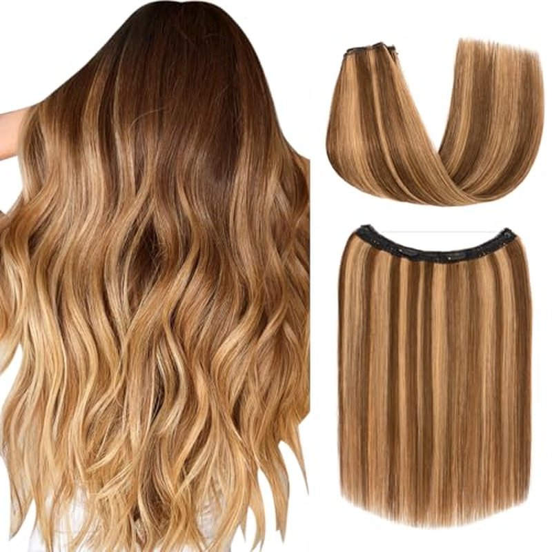S-noilite Halo Hair Extensions Real Human Hair,Invisible Wire Hair Extensions with Adjustable Fish Line 2 Clips Halo Extensions for Women 18Inch 80G(Medium Brown/Dark Blonde)