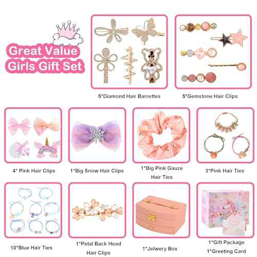 Hair Accessories Kits for Girls, Hair Set for Girls Including Gift Box/Hair Clips/Hair Barrettes/Hair Ties/Hair Bows, Little Girls Teen Girl Birthday Gifts Age 4-15 (Crystal with Case)