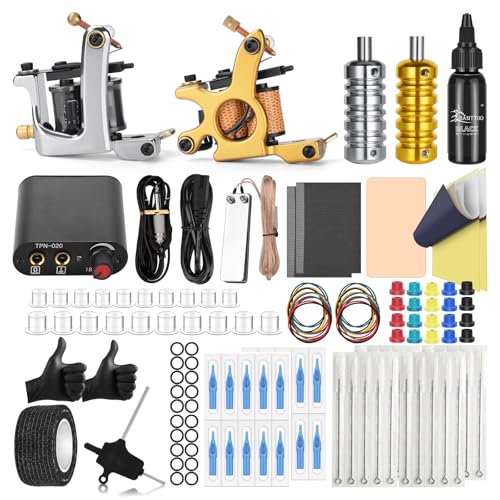Complete Tattoo Coil Machine Kit 2 Sets Tattoo Gun Liner Shader Coils Machine Tattoo Power Supply Needles Tips for Beginners Artists