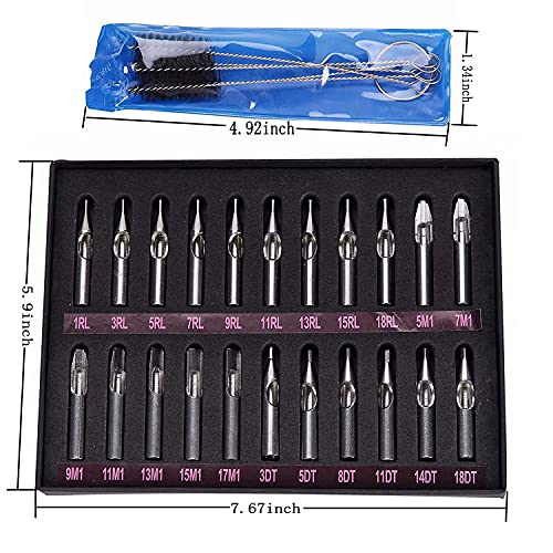 Tattoo Stainless Steel Tip Set,22pcs Tattoo Tips Set Round Diamond Magnum DT RT FT Stainless Steel Tattoo Tip Tube Assorted for Tattoo Machine Gun Ink Grip Tattoo Needles Tattoo Supplies