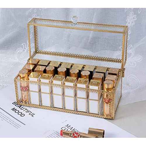 FSyueyun Glass Lipstick Organizer Holder with 24 Slot, Dust Free Vanity Lip Gloss Lipstick Eye Liner Makeup Display Cases Decoration for Dresser Countertop