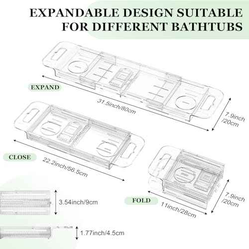 Expandable Drain Bath Caddy Tray for Tub, YOCOMEY Multifunctional Acrylic Bathtub Tray Bathroom Organizer, Simple Bathtub Table Trays Storage Rack for Candle Towel Book Wine Phone Shower(Clear)